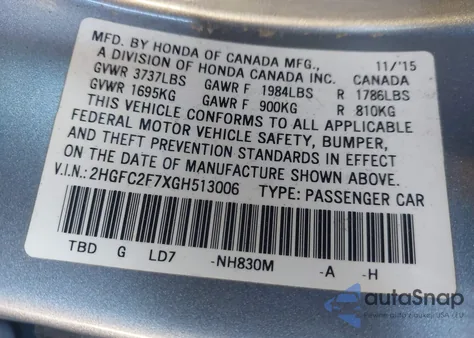 2016 Honda Civic Ex from USA, damaged, VIN 2HGFC2F7XGH513006